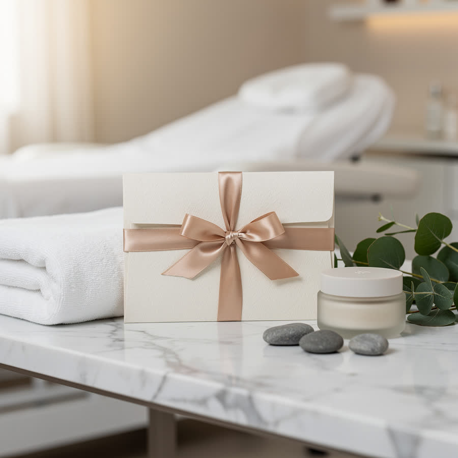 Foto creata da Aura: confezione regalo con fiocco in un centro estetico