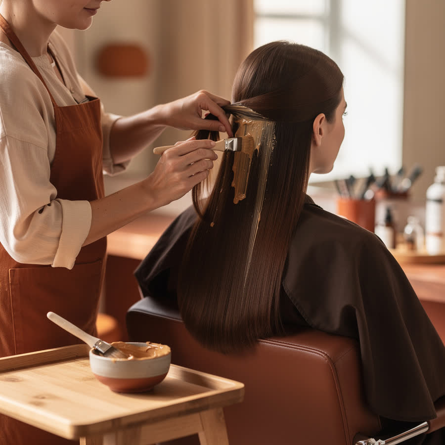 Foto creata da Aura: parrucchiera che applica un trattamento sui capelli di una cliente