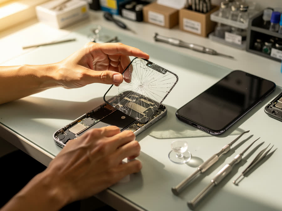 Foto creata da Aura: mani di un tecnico che riparano uno smartphone
