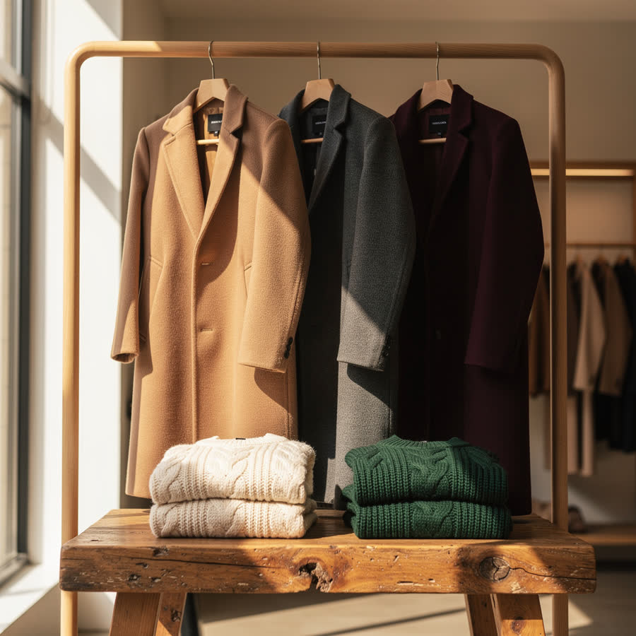 Foto creata da Aura: cappotti appesi e maglioni piegati in una boutique