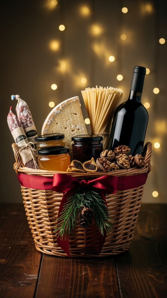 Foto creata da Aura: cesto natalizio con salumi, formaggio, pasta, vino e conserve