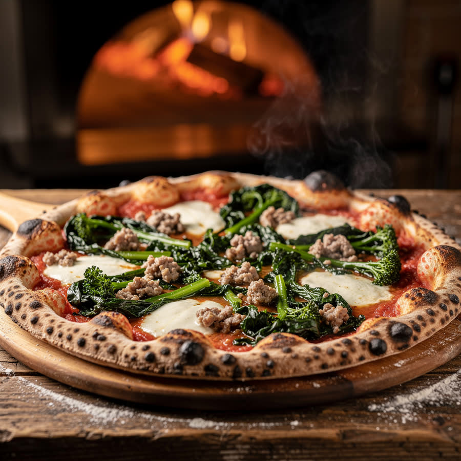 Foto creata da Aura: pizza con friarielli e salsiccia davanti al forno a legna