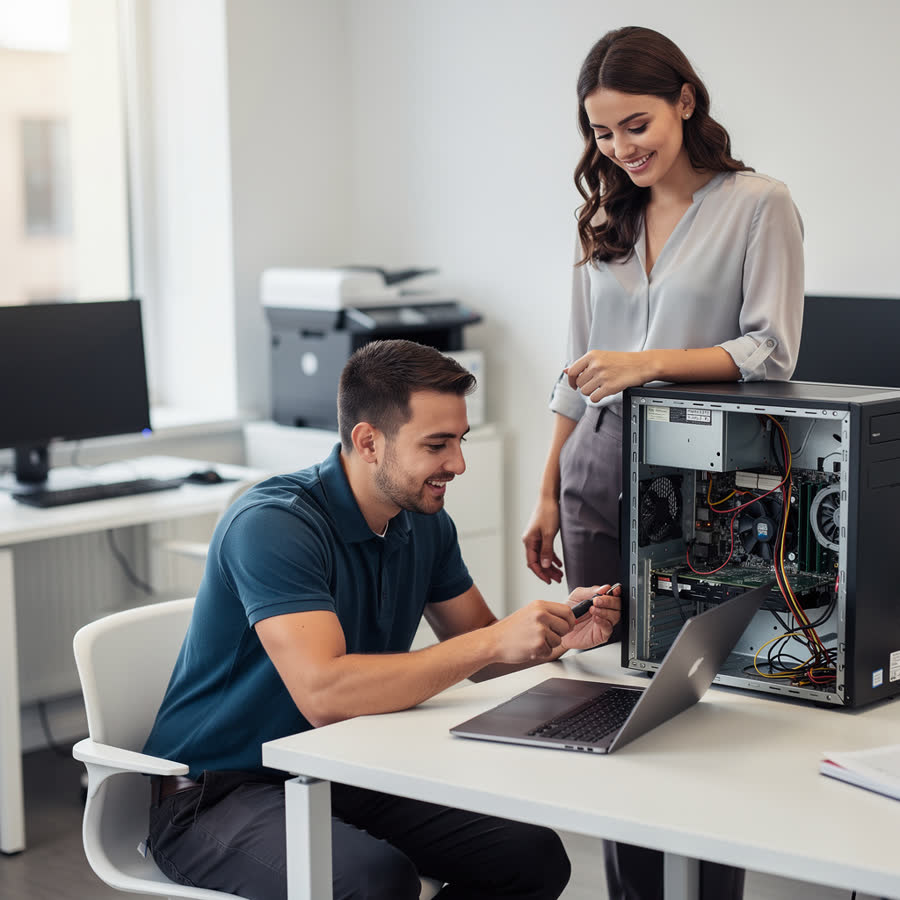 Foto creata da Aura: tecnico che assiste due professionisti in ufficio accanto a un PC aperto